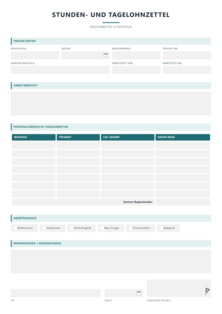 Regiestunden als Stundenlohnnachweis