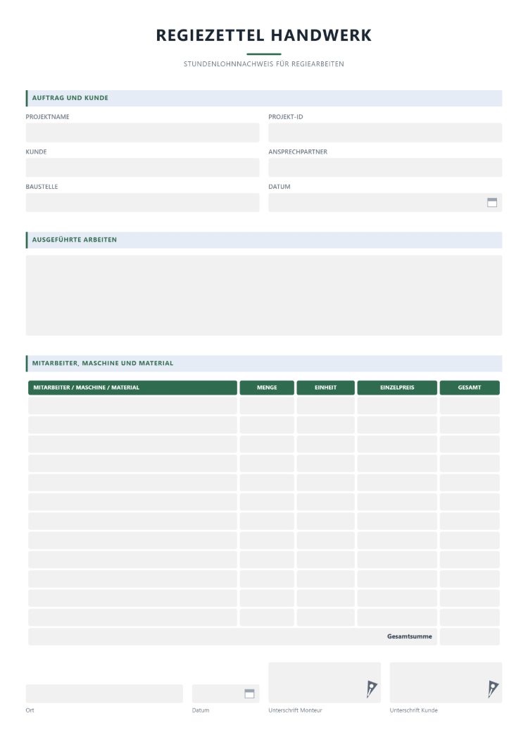 Regiezettel für das Handwerk
