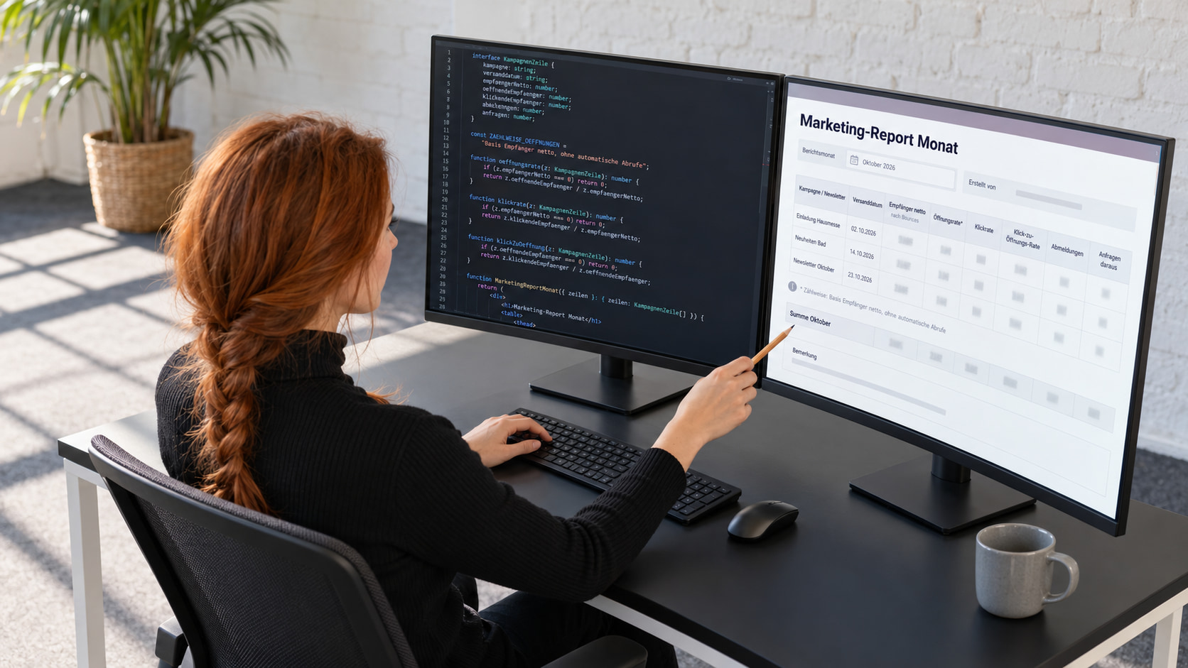 Entwicklerin programmiert die Report-Vorlage: links der Code, rechts der Marketing-Report Monat mit Kampagnen, Versanddatum, Empfängern netto und Öffnungsrate