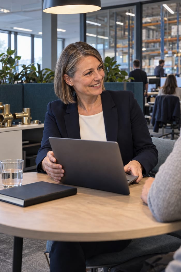 Vertriebsleiterin im dunklen Blazer sitzt mit ihrem Laptop am runden Besprechungstisch und lächelt einem Kollegen zu, im Hintergrund Großraumbüro und Lagerregale