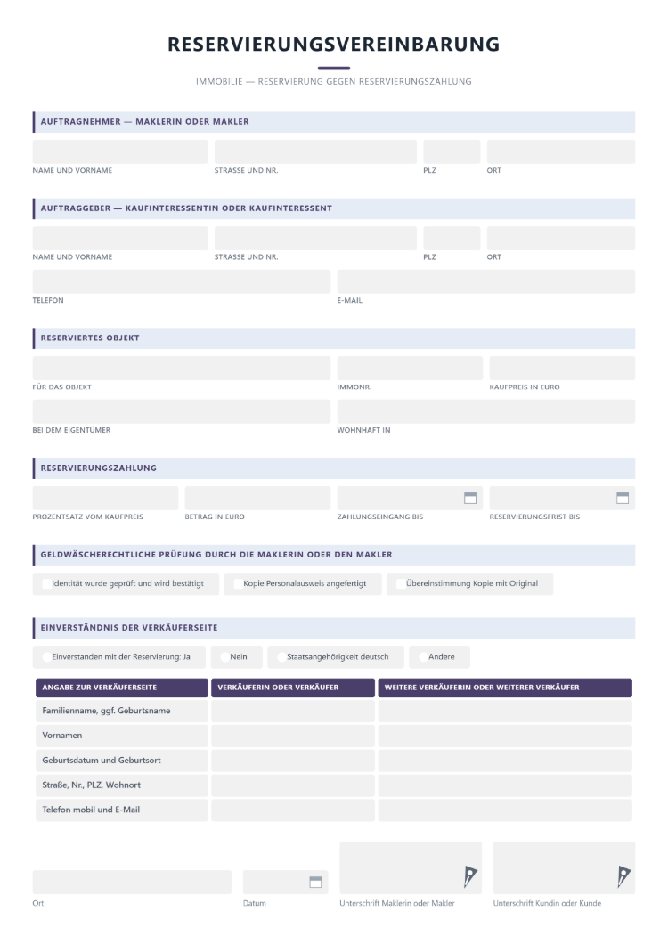 Reservierungsvereinbarung Immobilie