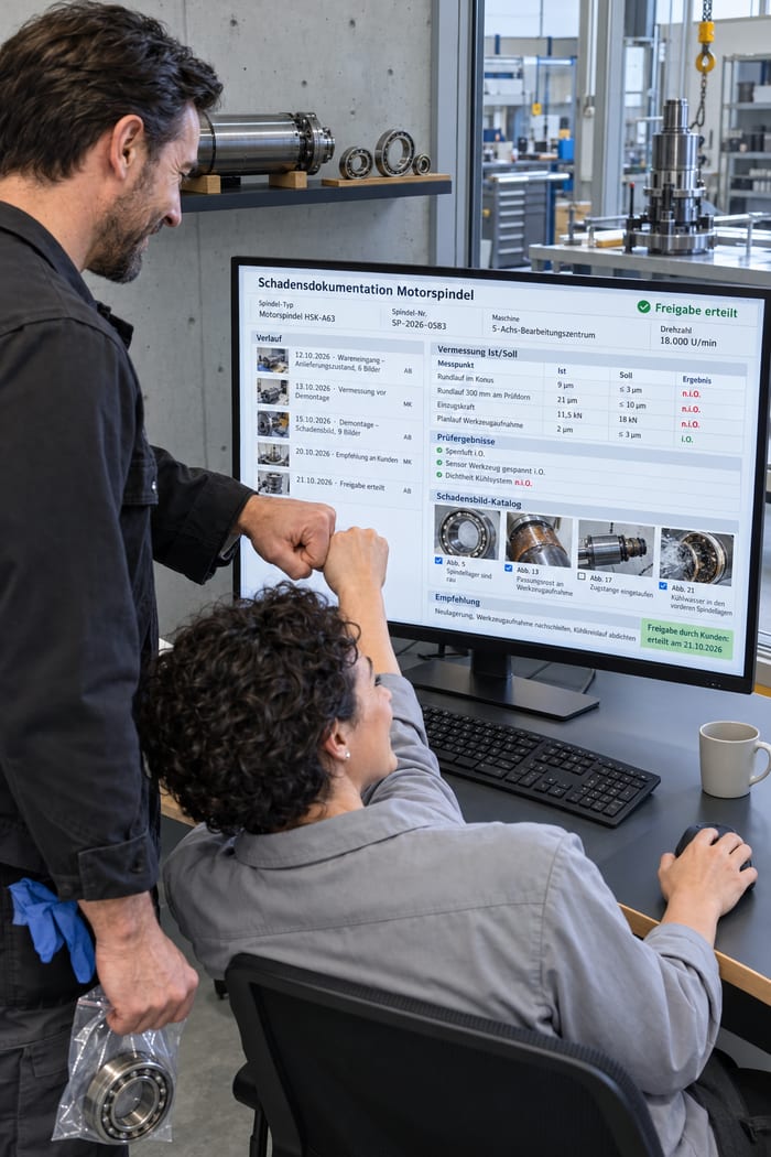 Leiterin des Prüffelds und Servicetechniker eines Spindel- und Hydraulikservice stoßen im Büro neben der Werkstatt lachend die Fäuste zusammen, am Monitor die Schadensdokumentation Motorspindel mit Verlauf, Vermessung Soll und Ist, Prüfergebnissen, Schadensbild-Katalog und erteilter Freigabe, im Regal eine Motorspindel und Lager, hinter der Glaswand die Werkstatt