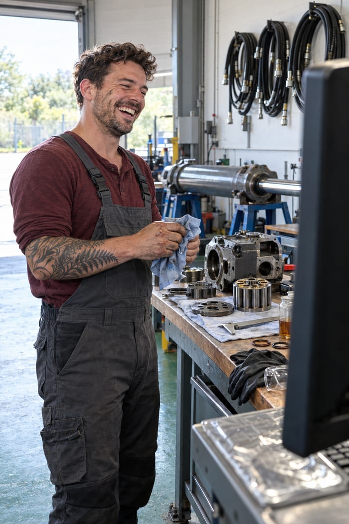 Servicetechniker eines Hydraulik-Instandsetzers in grauer Latzhose und weinrotem Shirt, ein Farn-Tattoo am Unterarm, wischt sich lachend die Hände an einem Putztuch ab, auf der Werkbank die zerlegte Axialkolbenpumpe mit Zylindertrommel, Kolben und Steuerplatte neben einer Ölprobe, an der Wand Hydraulikschläuche, dahinter ein Hydraulikzylinder auf Montageböcken