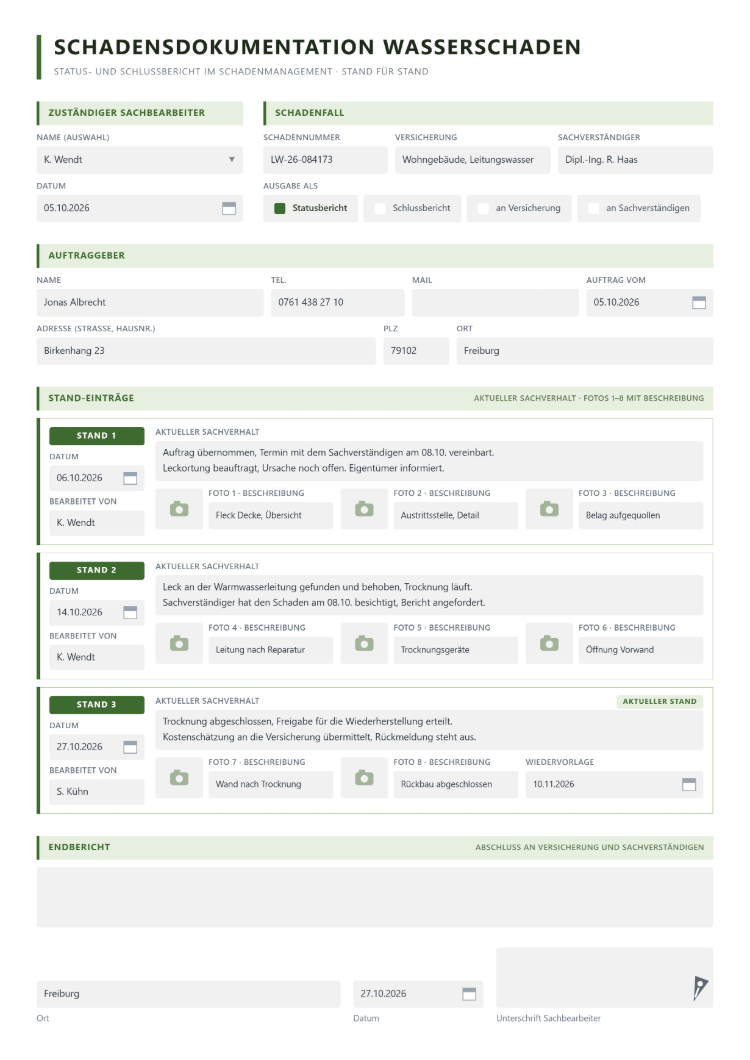 Schadensdokumentation Wasserschaden als Status- und Schlussbericht im Schadenmanagement mit zuständigem Sachbearbeiter, Schadennummer, Versicherung und Sachverständigem, Ausgabe als Status- oder Schlussbericht, Auftraggeber, drei datierten Stand-Einträgen mit aktuellem Sachverhalt und Fotos mit Beschreibung, Wiedervorlage, Endbericht und Unterschrift des Sachbearbeiters
