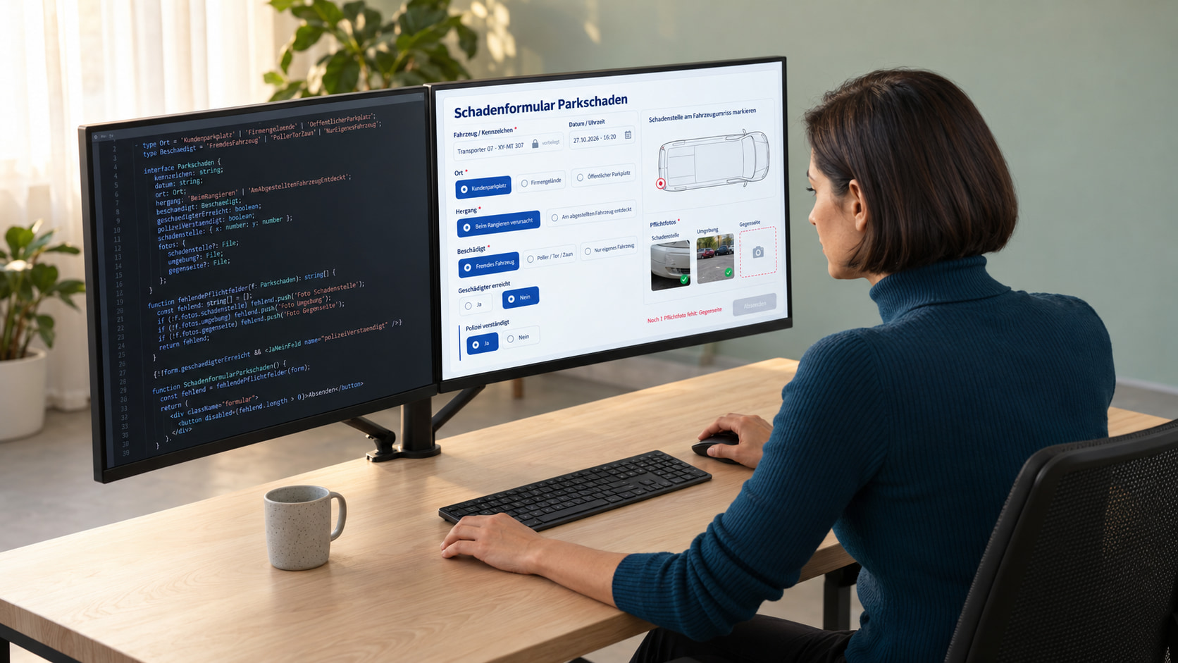 Entwicklerin programmiert das Schadenformular Parkschaden: links der Code mit der Prüfung fehlender Pflichtfotos, rechts die Maske mit vorbelegtem Kennzeichen, Ort, Hergang, Beschädigtem, Geschädigter erreicht, Polizei verständigt, Schadenstelle am Fahrzeugumriss und Pflichtfotos