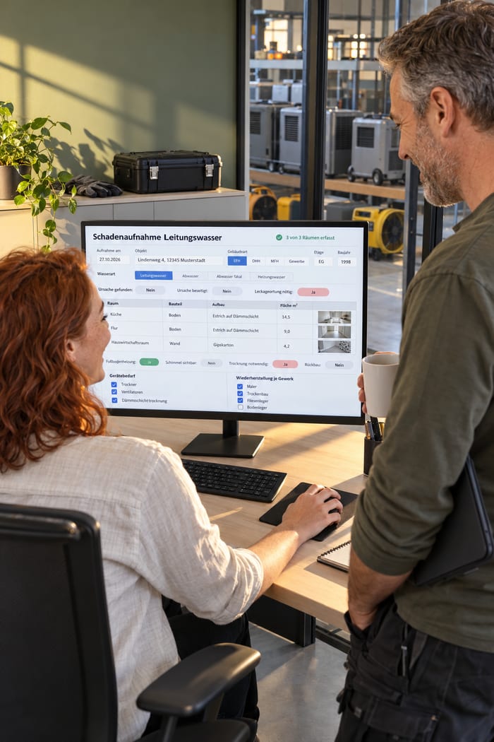 Mitarbeiterin und Kollege eines Trocknungsbetriebs gehen im Büro lächelnd die Schadenaufnahme Leitungswasser am Monitor durch, mit drei von drei erfassten Räumen, Wasserart, Ursache, Leckageortung nötig, Räumen mit Bauteil, Aufbau und Fläche, Trocknung notwendig, Gerätebedarf und Wiederherstellung je Gewerk, hinter der Glaswand das Lager mit Trocknern und Ventilatoren