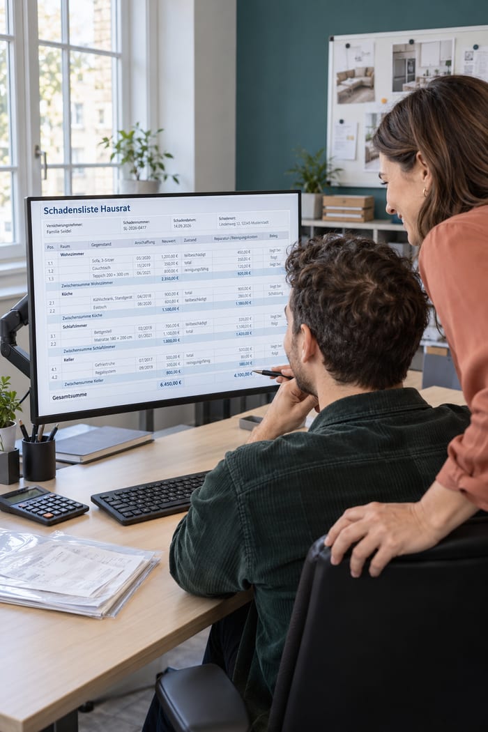 Sachbearbeiter und Kollegin eines Schadenservice gehen im Büro lächelnd die Schadensliste Hausrat am Monitor durch, mit Positionen für Wohnzimmer, Küche, Schlafzimmer und Keller, Neuwert, Zustand, Reparatur- oder Reinigungskosten und Zwischensummen je Raum, auf dem Schreibtisch Taschenrechner und Belege in Klarsichthüllen, an der Pinnwand Fotos von Wohnräumen