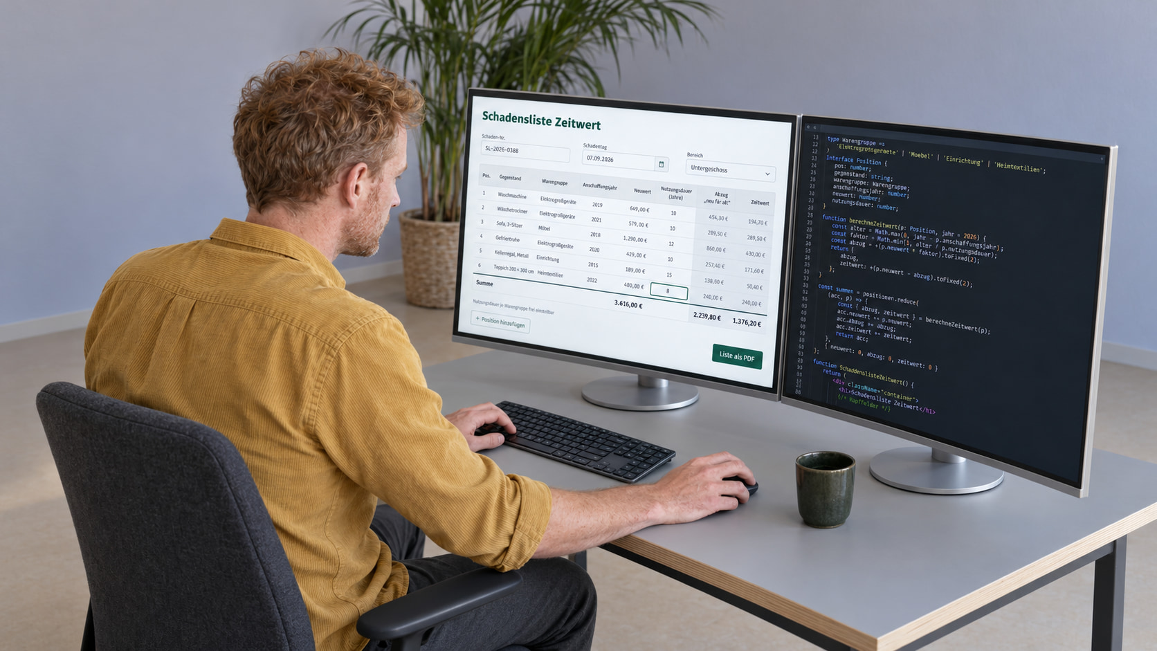 Entwickler programmiert die Schadensliste Zeitwert: links das Formular mit Gegenstand, Warengruppe, Anschaffungsjahr, Neuwert, Nutzungsdauer, Abzug „neu für alt“, Zeitwert und Summenzeile, rechts der Code, der den Zeitwert je Position berechnet