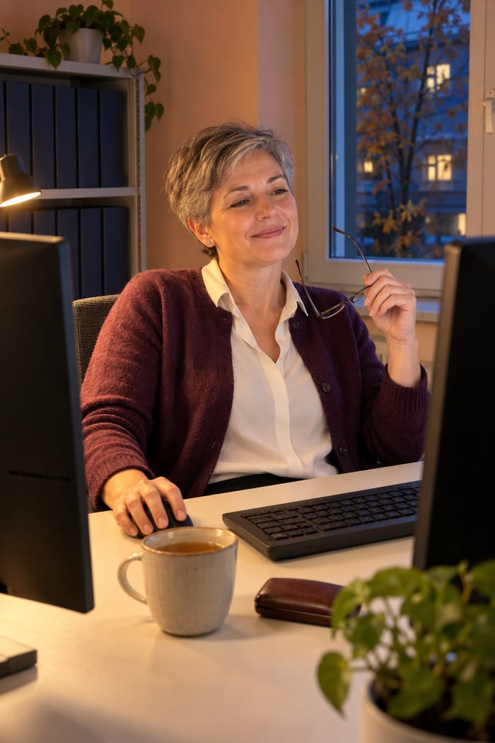 Sachbearbeiterin eines Schadenservice mit kurzen grauen Haaren und weinroter Strickjacke lehnt sich am Abend im Büro zurück, nimmt lächelnd die Lesebrille ab und hat die andere Hand noch auf der Maus, vor ihr zwei Monitore und eine Tasse Tee, hinter ihr ein Aktenregal und das Fenster zum Hof
