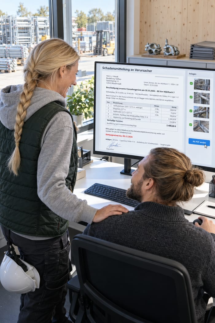 Disponentin eines Gerüstbaubetriebs mit geflochtenem Zopf und Steppweste, den Schutzhelm am Gürtel, legt dem Kollegen am Schreibtisch lächelnd die Hand auf die Schulter, am Monitor die Schadensmitteilung an Verursacher mit Betreff zum Fassadengerüst, Posten mit vorläufiger Summe, Frist zur Stellungnahme und abgehakten Fotos als Anlagen, draußen der Lagerplatz mit Gerüstteilen und Gabelstapler