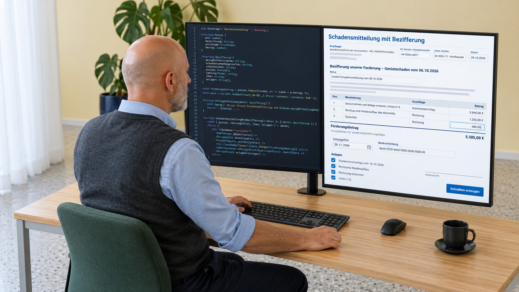 Entwickler programmiert die Schadensmitteilung mit Bezifferung: links der Code mit Posten, Grundlage und Forderungsbetrag, rechts das Schreiben mit Schadennummer, Bezug auf die erste Mitteilung, Posten nach Kostenvoranschlag und Rechnung, Forderungsbetrag, Zahlungsfrist, Bankverbindung und Anlagen