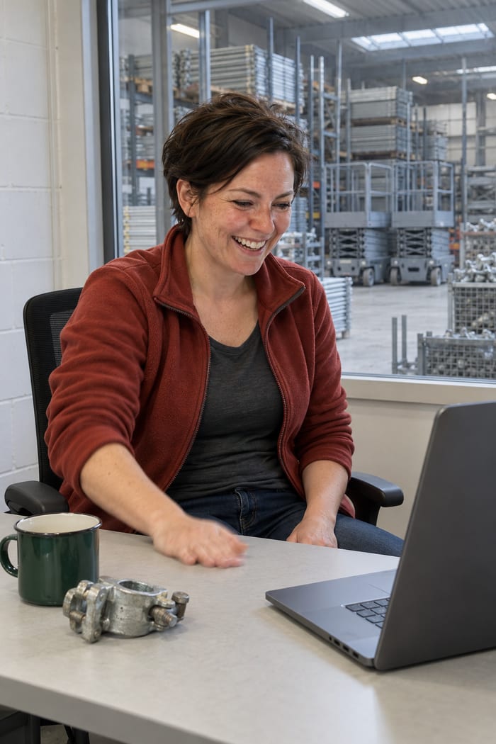 Disponentin eines Gerüst- und Baumaschinenvermieters mit kurzen dunklen Haaren in roter Fleecejacke sitzt lachend vor dem Laptop und legt die flache Hand auf die Tischplatte, daneben eine grüne Emailletasse und eine Gerüstkupplung, hinter der Glasscheibe die Lagerhalle mit Gerüstteilen in Regalen und Scherenarbeitsbühnen