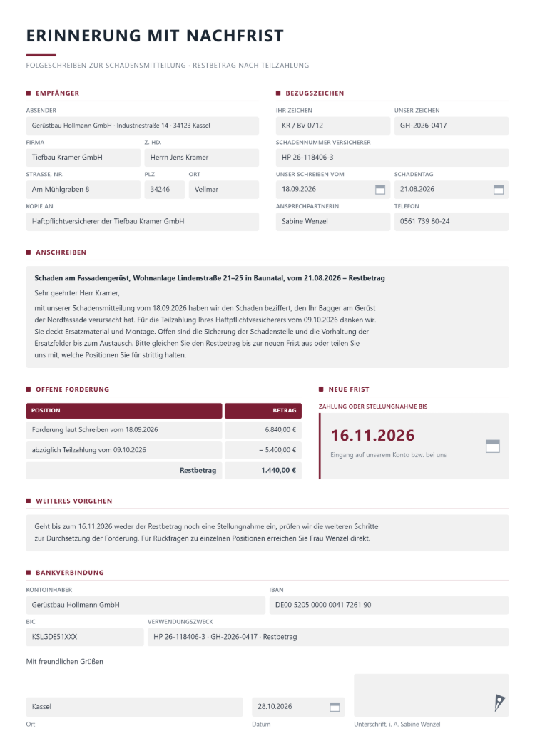 Erinnerung mit Nachfrist als Folgeschreiben zur Schadensmitteilung mit Schadennummer des Versicherers, Datum des ersten Schreibens, Kopie an den Haftpflichtversicherer, Anschreiben, offener Forderung abzüglich Teilzahlung mit Restbetrag, neuer Frist, weiterem Vorgehen und Bankverbindung