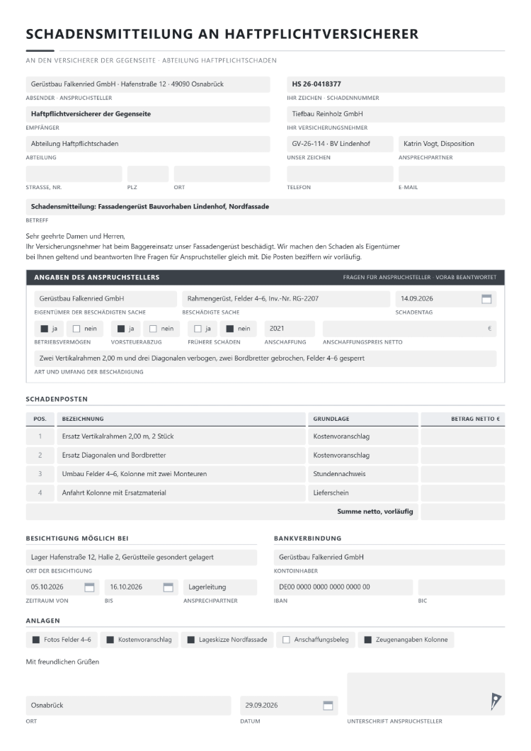Schadensmitteilung an Haftpflichtversicherer der Gegenseite mit Schadennummer, Versicherungsnehmer und Unser Zeichen, Angaben des Anspruchstellers zu Eigentümer, beschädigter Sache, Betriebsvermögen, Vorsteuerabzug, früheren Schäden und Anschaffung, Schadenposten netto mit Grundlage, Besichtigung mit Ort und Zeitraum, Bankverbindung, Anlagen und Unterschrift