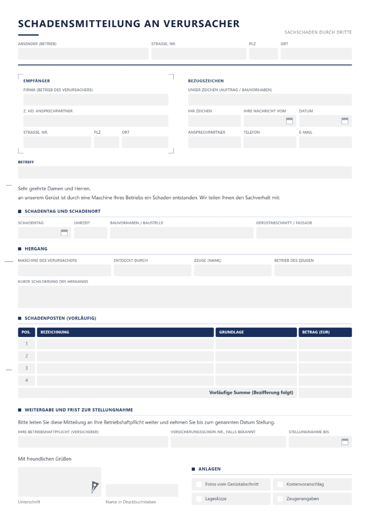 Schadensmitteilung an Verursacher mit Absender, Empfänger mit Ansprechpartner, Bezugszeichen mit Unser Zeichen, Ihr Zeichen und Datum, Betreff, Schadentag und Schadenort mit Bauvorhaben und Gerüstabschnitt, Hergang mit Maschine des Verursachers und Zeuge, vorläufigen Schadenposten mit Grundlage und Betrag, Bitte um Weitergabe an die Betriebshaftpflicht, Frist zur Stellungnahme und Anlagen von Fotos bis Zeugenangaben