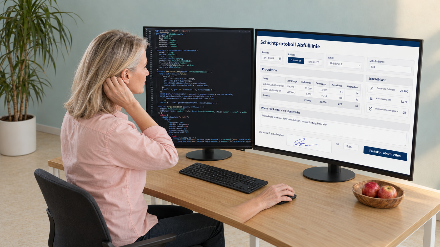 Entwicklerin programmiert das Schichtprotokoll: links der Code, rechts das Schichtprotokoll Abfülllinie mit Produktion je Sorte, Schichtbilanz mit Ausschussquote und offenen Punkten für die Folgeschicht