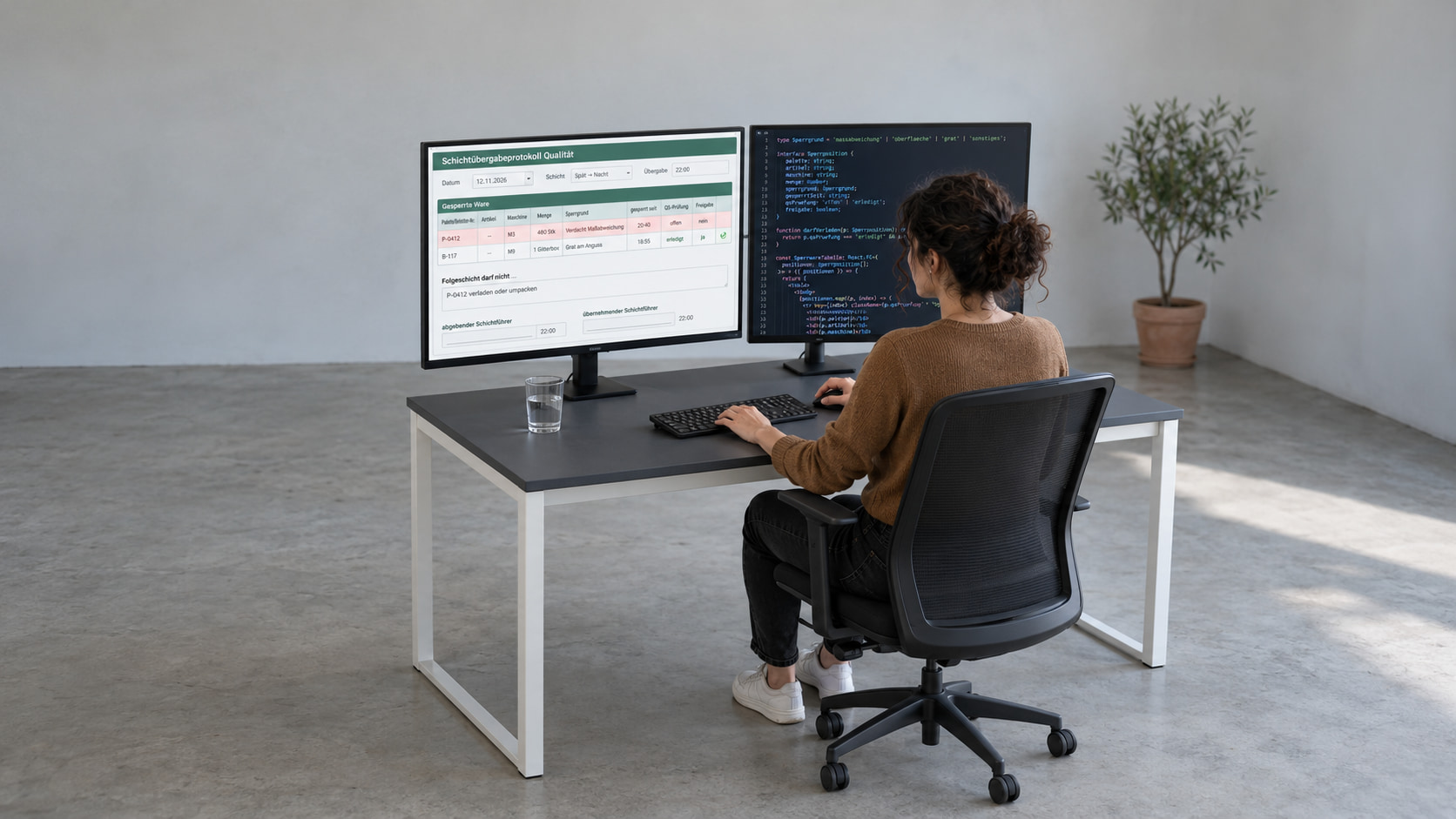Softwareentwicklerin programmiert das Schichtübergabeprotokoll Qualität: links die Maske mit gesperrter Ware, Sperrgrund und QS-Prüfung, rechts der Code