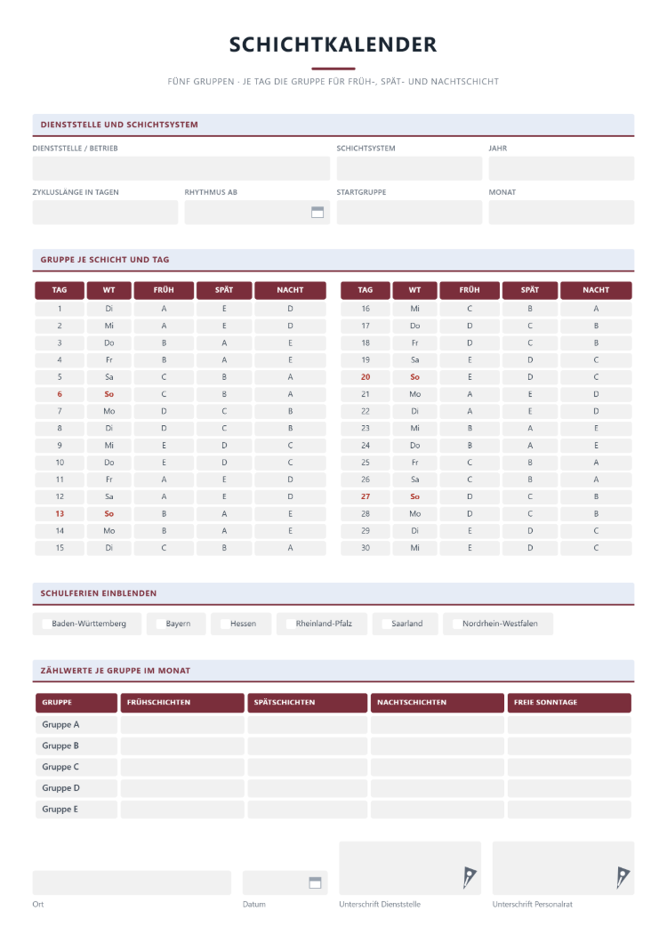 Schichtkalender für fünf Gruppen mit Schulferien und Zählwerten je Gruppe