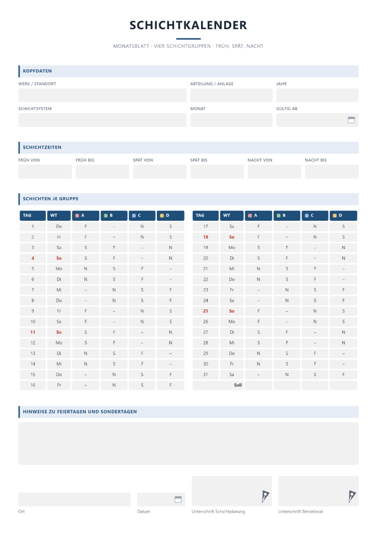 Schichtkalender zum Ausdrucken als Monatsblatt für vier Schichtgruppen