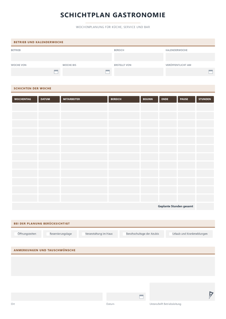Schichtplan für die Gastronomie