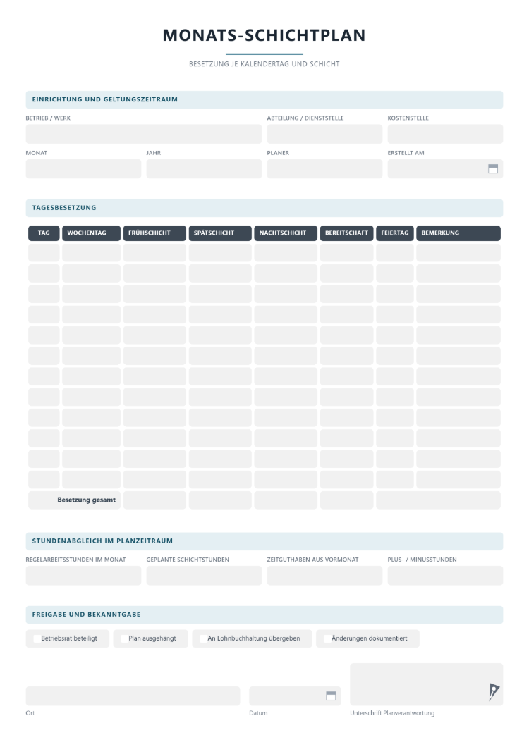 Schichtplan für den Monat