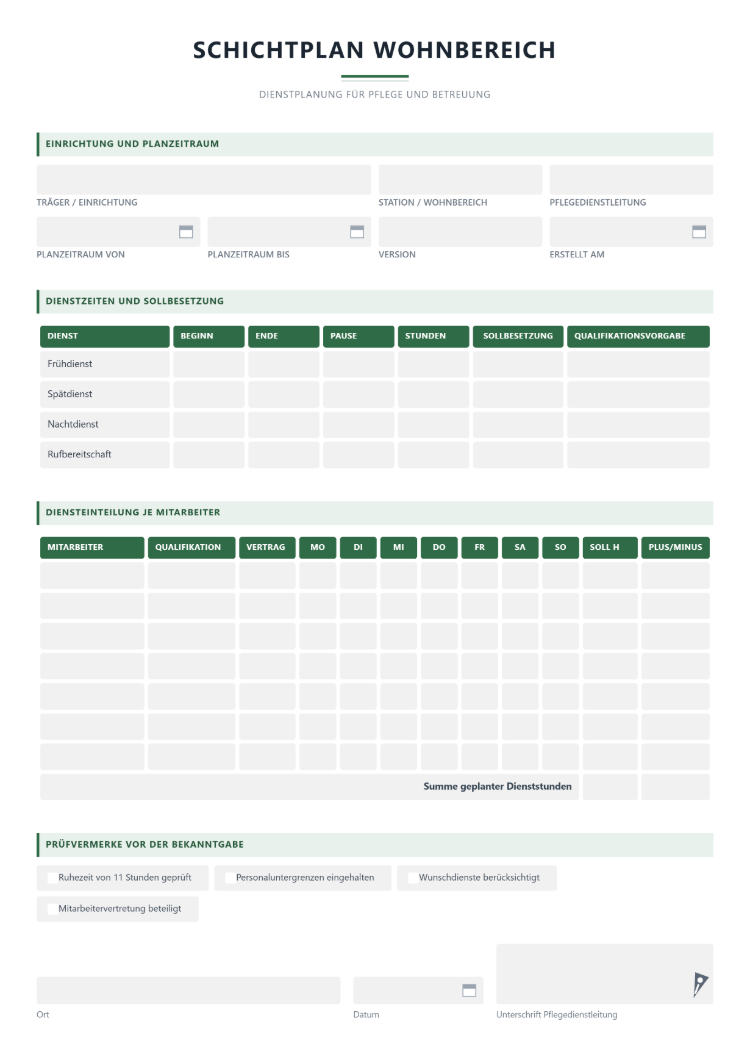 Schichtplan für die Pflege