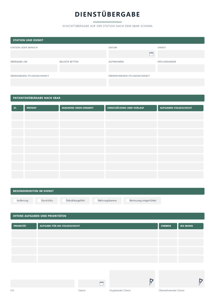 Dienstübergabe in der Pflege nach dem SBAR-Schema