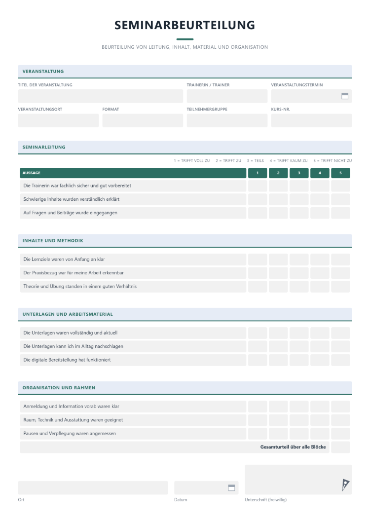 Seminarbeurteilungsbogen für Trainer