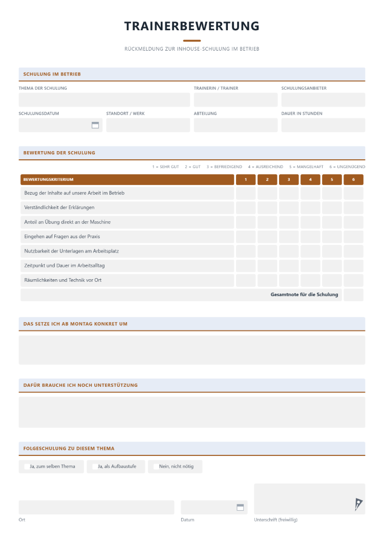 Trainerbewertung für Inhouse-Trainings