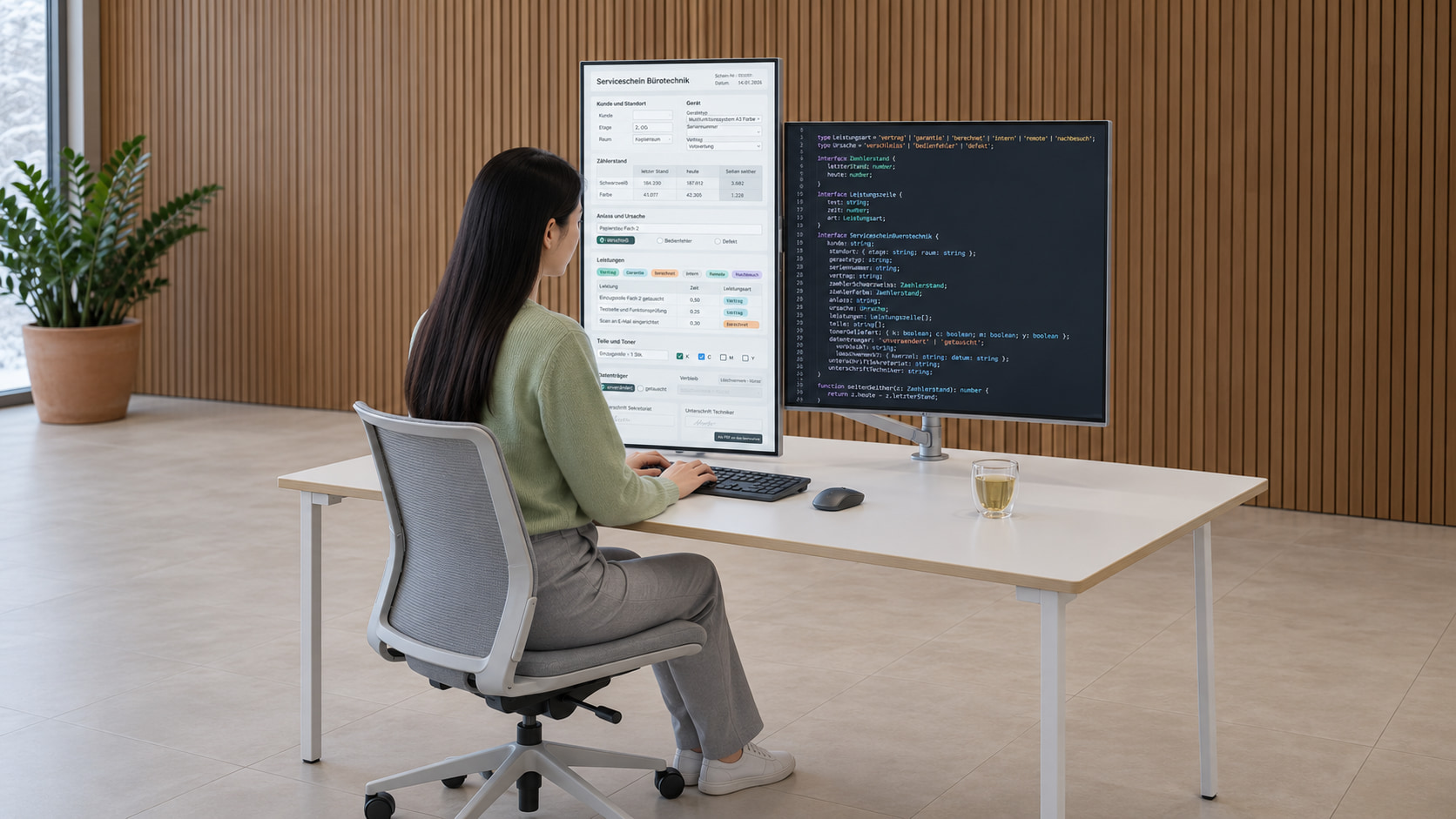 Entwicklerin im grünen Pullover programmiert die Service-Vorlage: links im Hochformat der Serviceschein Bürotechnik mit Kunde und Standort, Gerät, Zählerständen Schwarzweiß und Farbe, Anlass und Ursache, Leistungszeilen mit Leistungsart, Teilen und Toner sowie Datenträger, rechts der Code