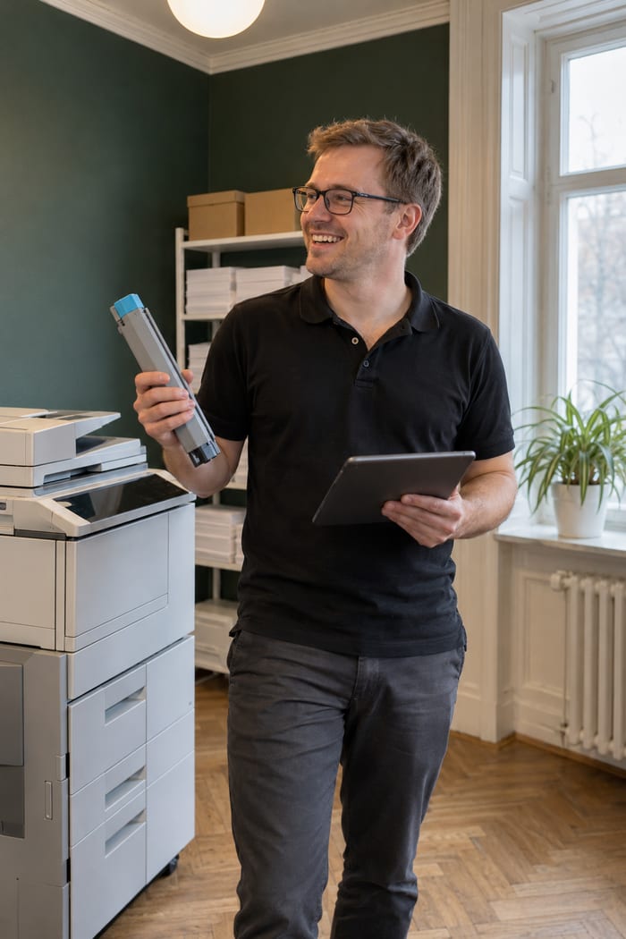 Bürotechnik-Techniker mit Brille im schwarzen Poloshirt steht lachend im Kopierraum neben einem Multifunktionssystem, in der einen Hand eine Tonerkartusche, in der anderen ein Tablet, hinter ihm ein Regal mit Papierstapeln und Kartons