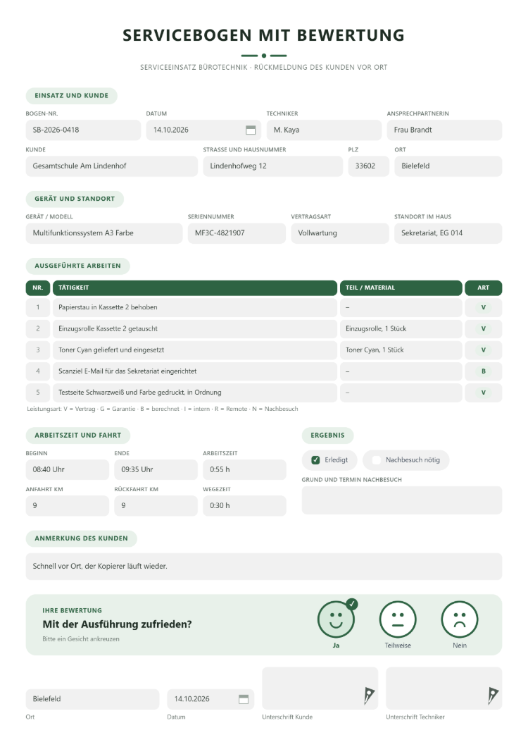 Servicebogen mit Bewertung für einen Serviceeinsatz in der Bürotechnik mit Einsatz und Kunde, Gerät und Standort, ausgeführten Arbeiten mit Teil und Leistungsart, Arbeitszeit und Fahrt, Ergebnis erledigt oder Nachbesuch nötig, Anmerkung des Kunden, Bewertung per Smiley und Unterschriften von Kunde und Techniker