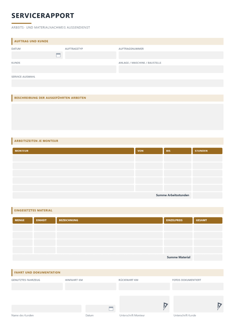 Servicerapport für den Monteur