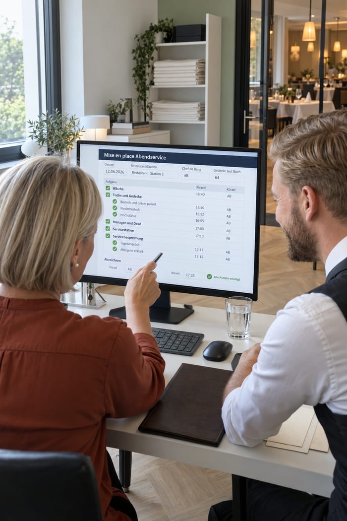 F&B-Managerin und Servicemitarbeiter in Weste gehen im Büro eines Tagungshotels gut gelaunt die digitale Mise en place für den Abendservice am Monitor durch, alle Punkte mit Uhrzeit und Kürzel abgehakt, im Regal gefaltete Tischwäsche, durch die Glastür das eingedeckte Restaurant