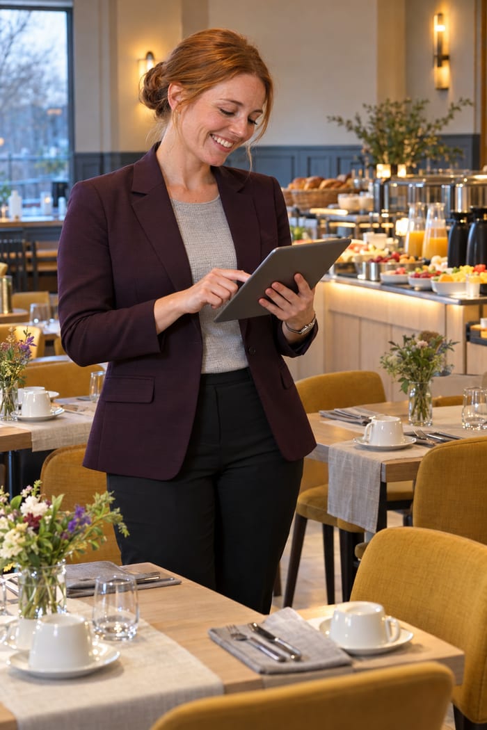 Restaurantleiterin im auberginefarbenen Blazer hakt im eingedeckten Frühstücksraum eines Tagungshotels lächelnd die Servicecheckliste auf dem Tablet ab, hinter ihr das Frühstücksbuffet mit Brotkörben, Obst und Saftkaraffen