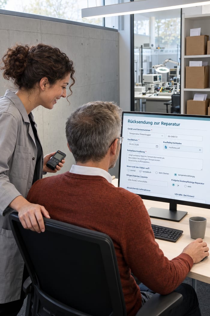Eine Mitarbeiterin im grauen Kittel mit einem Messgerät in der Hand und ein Kollege gehen im Büro lächelnd die Rücksendung zur Reparatur am Monitor durch, mit Gerät und Seriennummer, hochgeladenem Kaufbeleg, Fehlerbeschreibung und Freigabe der kostenpflichtigen Reparatur, hinter der Glaswand ein Elektroniklabor