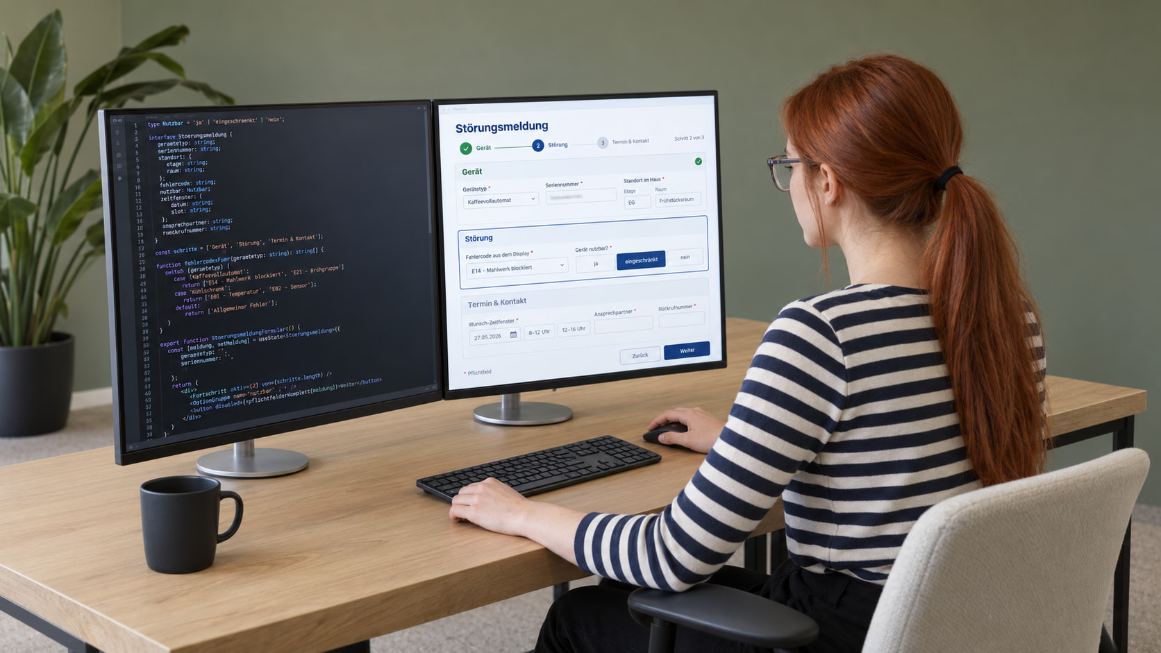 Entwicklerin programmiert das Serviceformular: links der Code, rechts die Störungsmeldung mit Fortschritt in drei Schritten, Gerätetyp Kaffeevollautomat, Seriennummer, Standort im Haus, Fehlercode aus dem Display, Auswahl Gerät nutzbar, Wunsch-Zeitfenster und Rückrufnummer