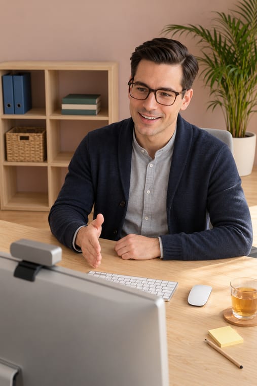 Formilo-Berater mit Brille und dunkelblauer Strickjacke erklärt im Videocall, wie das Serviceformular entsteht