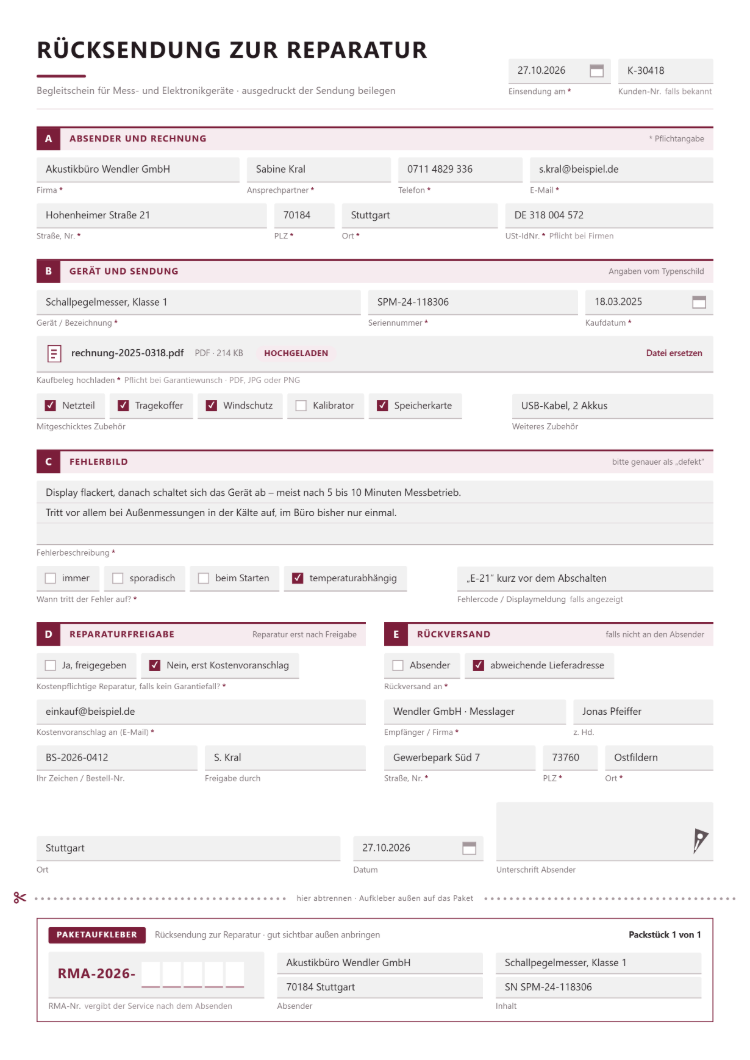 Rücksendung zur Reparatur als Begleitschein für Mess- und Elektronikgeräte mit Absender und USt-IdNr., Gerät, Seriennummer und Kaufdatum, hochgeladenem Kaufbeleg, mitgeschicktem Zubehör, Fehlerbild mit Auswahl, wann der Fehler auftritt, Reparaturfreigabe, abweichender Lieferadresse und Paketaufkleber