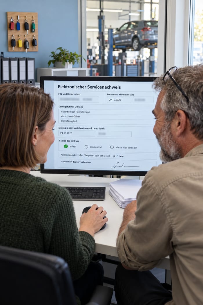 Eine Mitarbeiterin und ein Kollege einer freien Kfz-Werkstatt gehen im Büro lächelnd den elektronischen Servicenachweis am Monitor durch, der Eintrag in die Herstellerdatenbank steht auf erfolgt, an der Wand ein Schlüsselbrett, durch die Scheibe ein Fahrzeug auf der Hebebühne