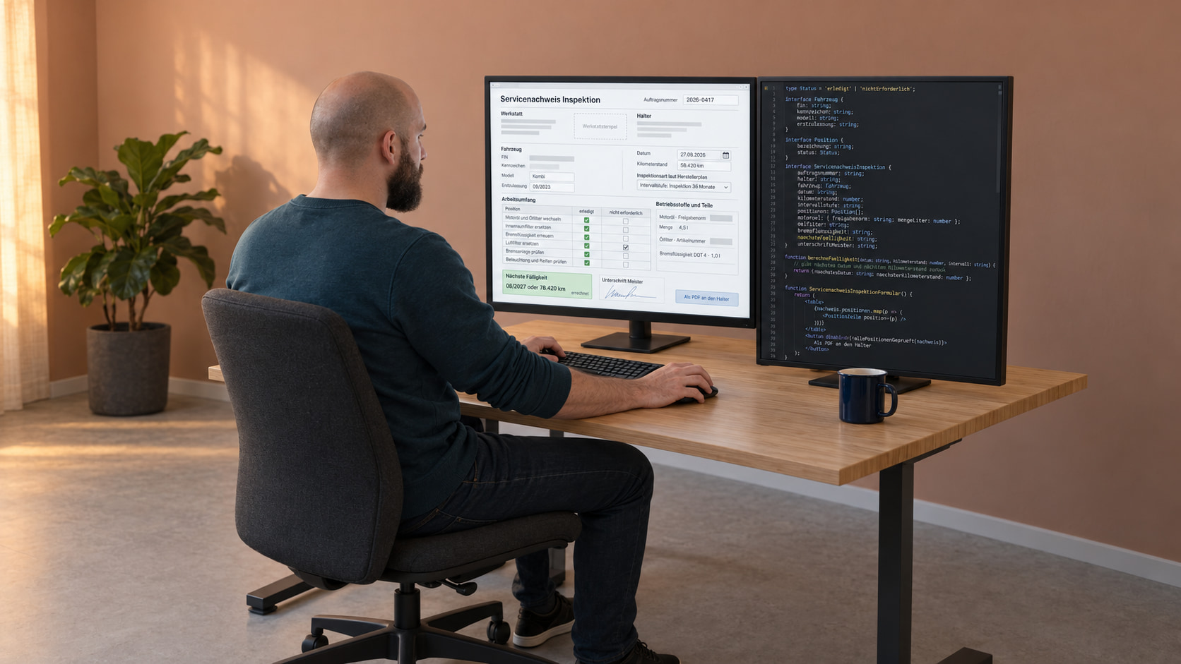 Entwickler programmiert den Servicenachweis: links das Formular Servicenachweis Inspektion mit Werkstatt, Halter, Fahrzeug, Kilometerstand, Intervallstufe laut Herstellerplan, Arbeitsumfang mit erledigt oder nicht erforderlich und errechneter nächster Fälligkeit, rechts der Code