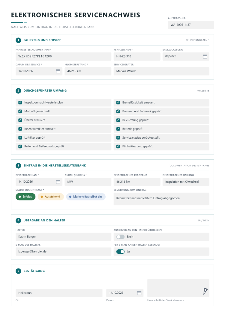 Elektronischer Servicenachweis mit Fahrgestellnummer, Kennzeichen, Datum und Kilometerstand, durchgeführtem Umfang als Kurzliste, Eintrag in die Herstellerdatenbank mit Datum, Kürzel und Status erfolgt, ausstehend oder Marke trägt selbst ein, Übergabe an den Halter als Ausdruck oder per E-Mail und Unterschrift des Serviceberaters