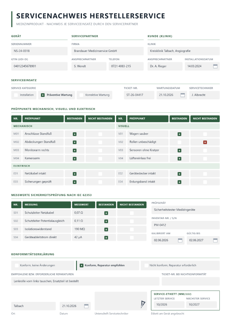 Servicenachweis Herstellerservice für ein Medizinprodukt mit Seriennummer und GTIN, Servicepartner und Klinik, Service-Kategorie mit Ticketnummer, Prüfpunkten mechanisch, visuell und elektrisch mit bestanden oder nicht bestanden, Messwerten der Sicherheitsprüfung nach IEC 62353, Konformitätserklärung in drei Stufen und Service-Etikett mit letztem und nächstem Service