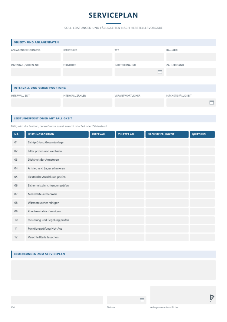 Serviceplan als Vorlage für Fahrzeuge und Anlagen