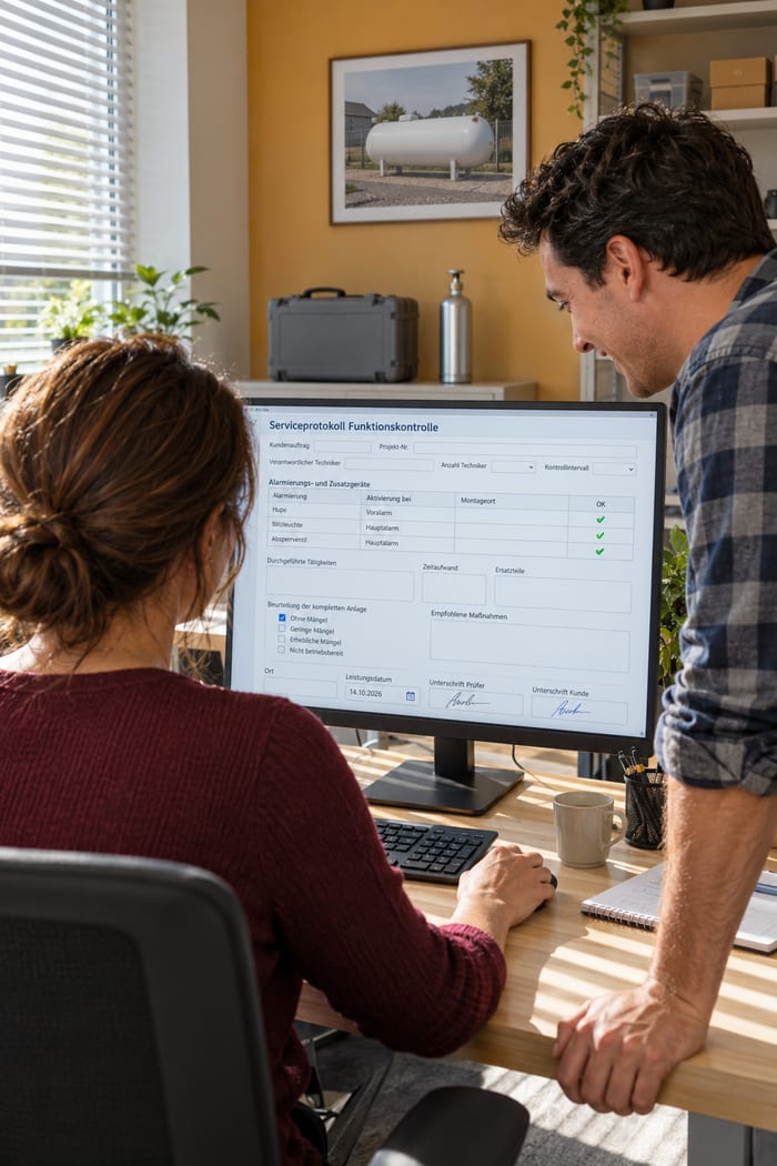 Zwei Mitarbeiter eines Fachbetriebs für Gaswarntechnik freuen sich im Büro über das digitale Serviceprotokoll Funktionskontrolle am Monitor, an der Wand das Foto eines Flüssiggastanks, im Regal Gerätekoffer und Prüfgasflasche