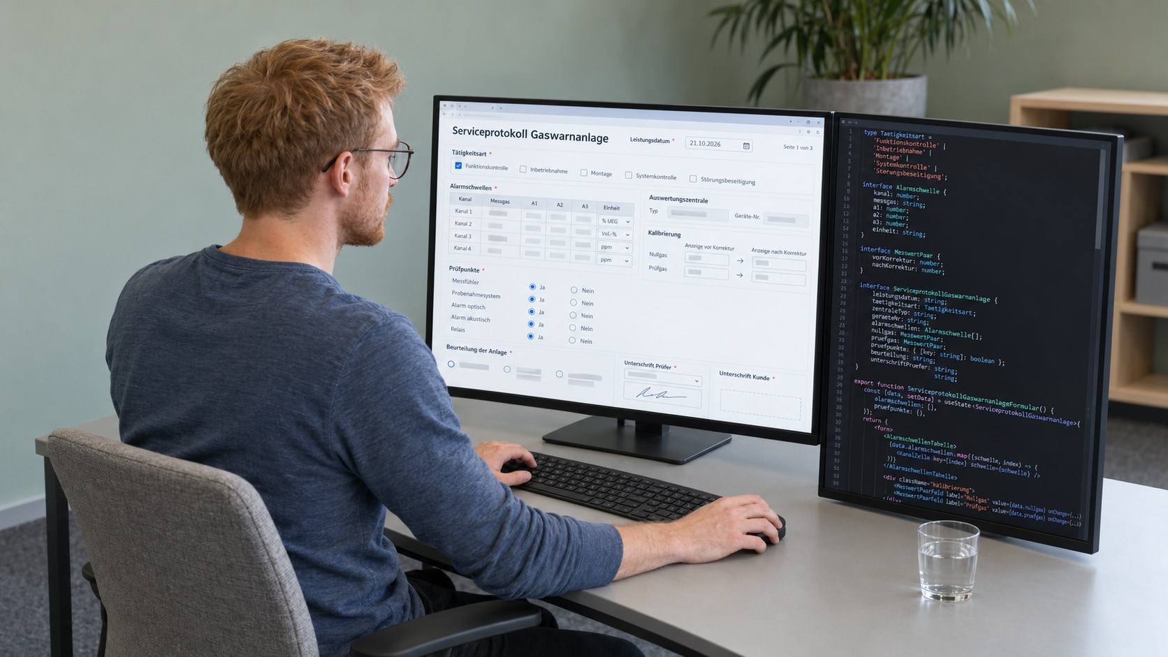 Entwickler programmiert das Serviceprotokoll: links das Formular Serviceprotokoll Gaswarnanlage mit Tätigkeitsart, Alarmschwellen je Kanal, Kalibrierung und Prüfpunkten, rechts der Code