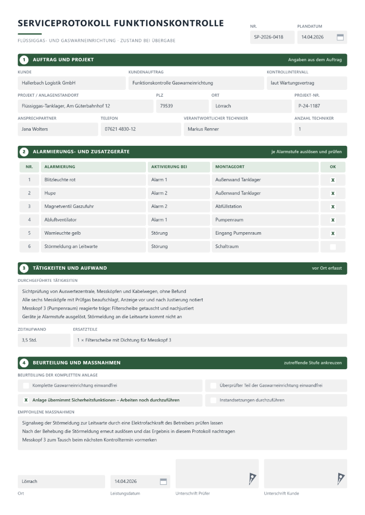Serviceprotokoll Funktionskontrolle einer Flüssiggas- und Gaswarneinrichtung mit Auftrag und Projekt, Tabelle der Alarmierungs- und Zusatzgeräte mit Aktivierung und Montageort, durchgeführten Tätigkeiten, Zeitaufwand, Ersatzteilen, Beurteilung der kompletten Anlage und empfohlenen Maßnahmen