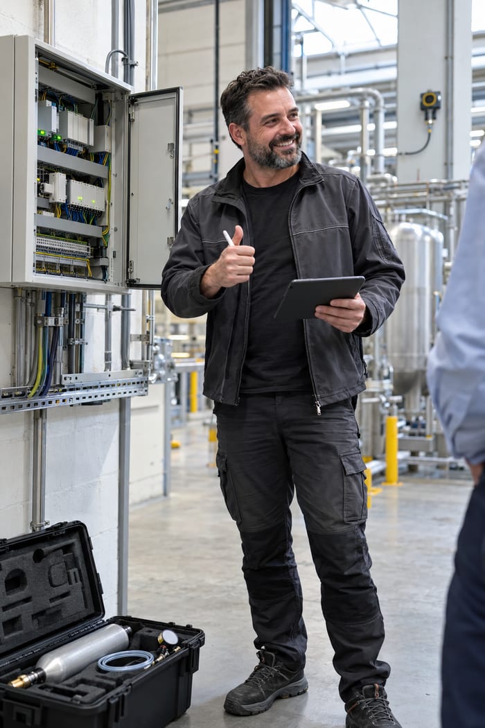 Servicetechniker in dunkelgrauer Arbeitsjacke zeigt neben der geöffneten Auswertezentrale in der Industriehalle lachend den Daumen hoch, das Tablet in der Hand, am Boden der offene Koffer mit Prüfgasflasche
