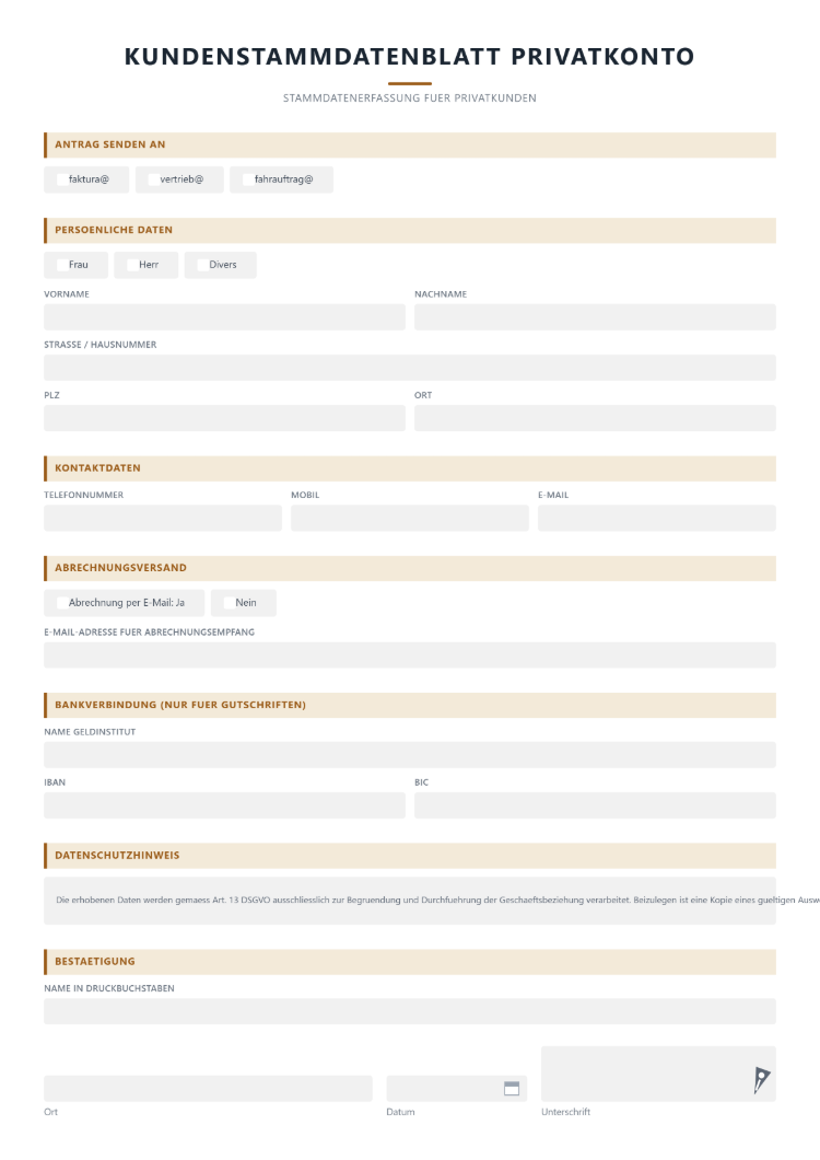 Stammdatenblatt fürs Privatkonto