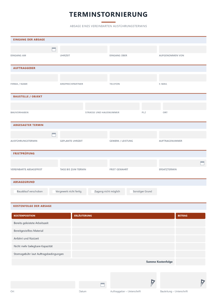 Terminstornierung Handwerk